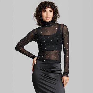 Wild Fable Bedazzled Mesh Mock Neck Long Sleeve Tee